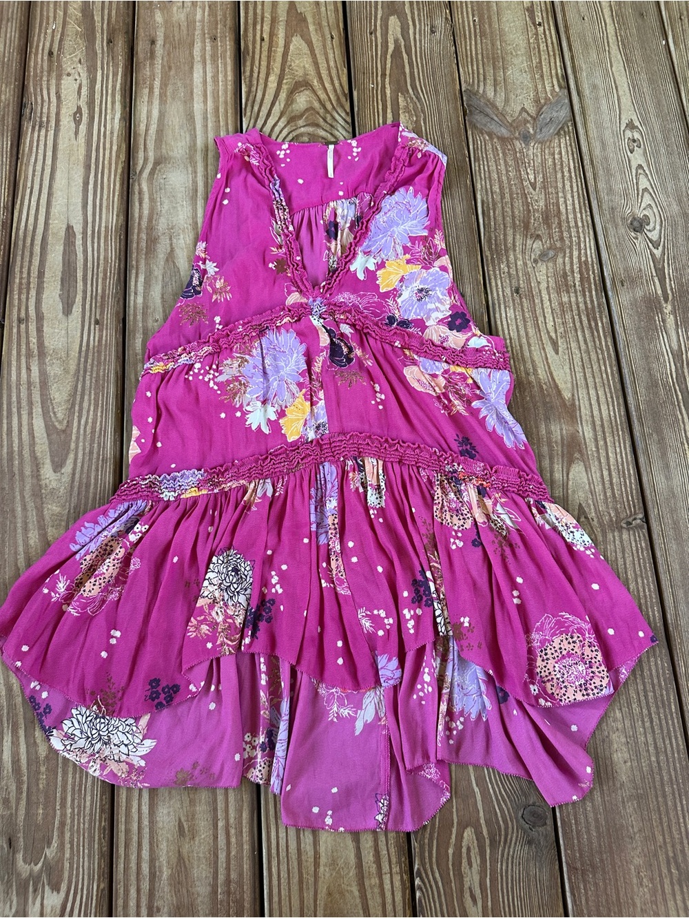 Free People Pink Floral Tiered Ruffle Handkerchief Mini Dress S